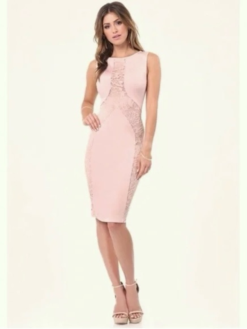 Bebe Blush Pink Lace Panel Bodycon Cocktail Dress Small